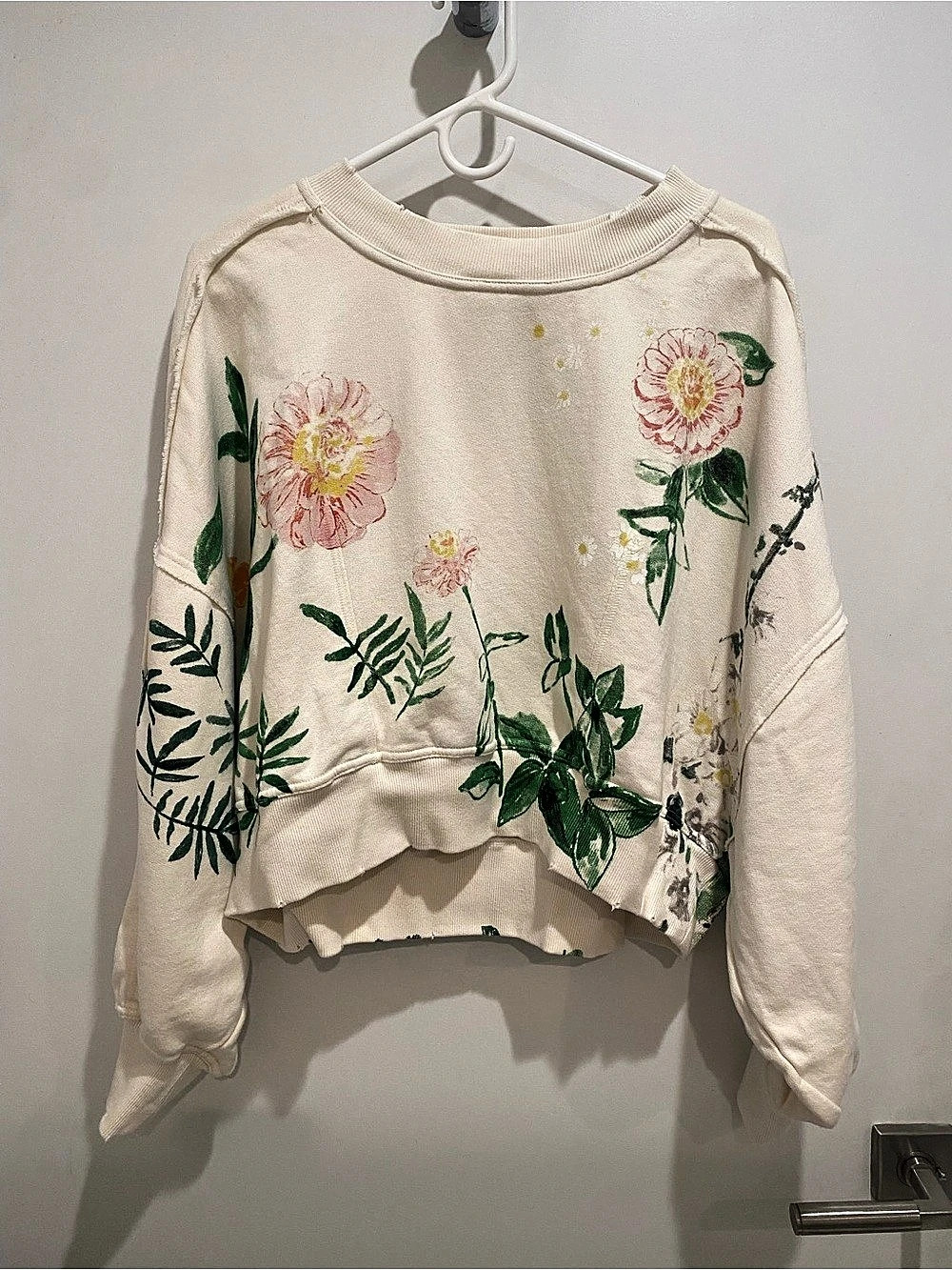 Free People Butterfly Knit Pullover Floral Sweatshirt Cream & Green XS
